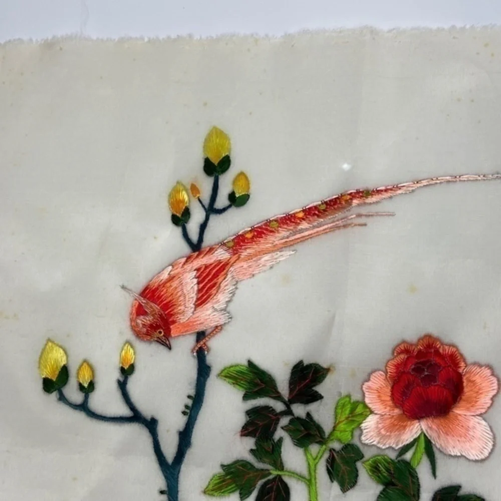 Vintage Japanese Silk Hand Embroidered Embroidery Birds and Flowers Needlepoint